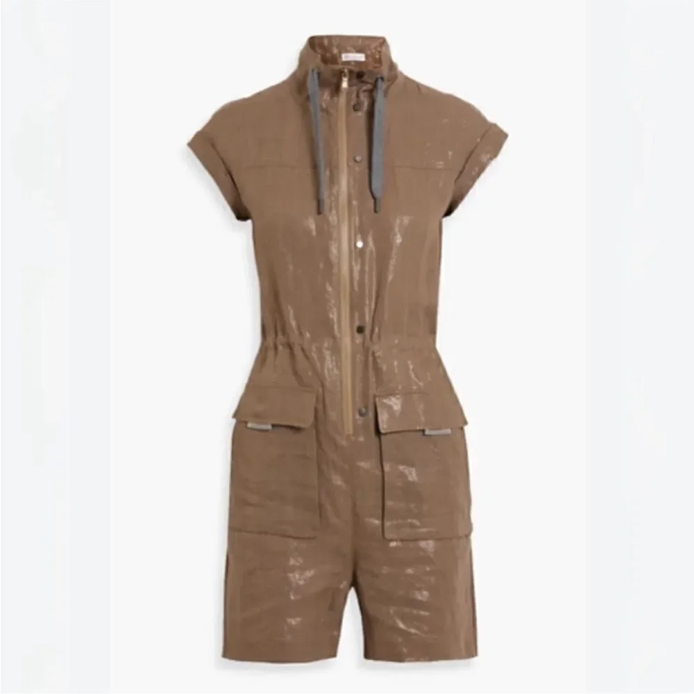 NWT Brunello Cucinelli 100% linen Shimmering Gold/ brown romper, S